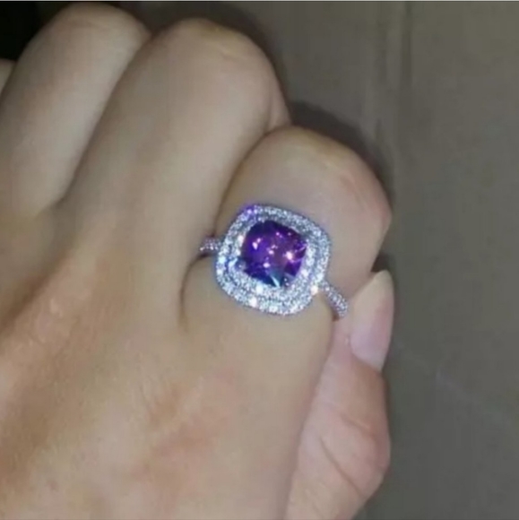 Purple Amethyst Double Diamond Halo Silver Tone Ring - Picture 4 of 4